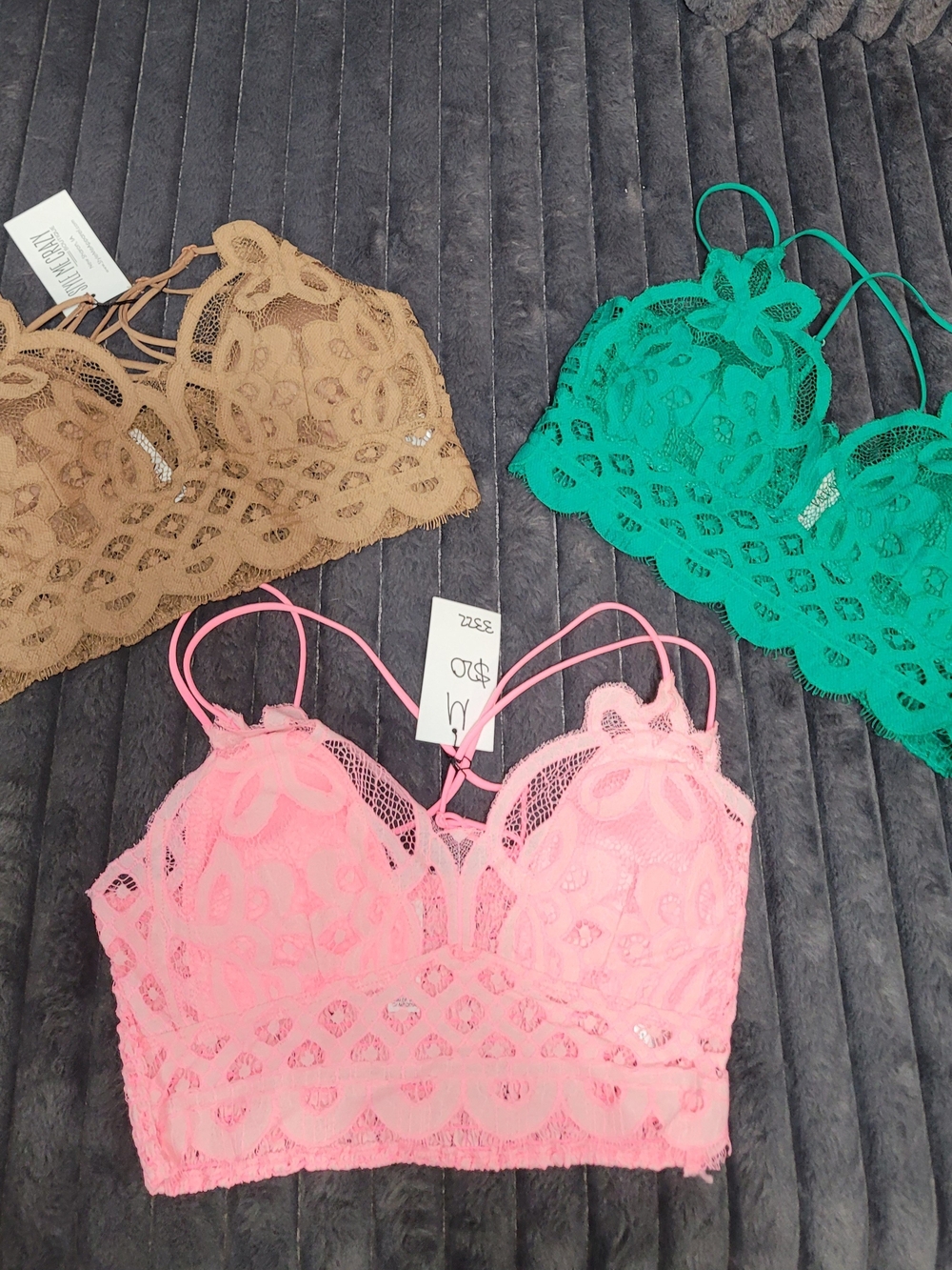 Lace Bralette Trio - Pink, Green, Tan